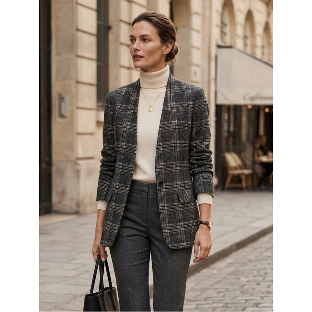 Halogen Glen Black Grey Plaid One-Button Wool Blend Blazer XS Preppy Tailored